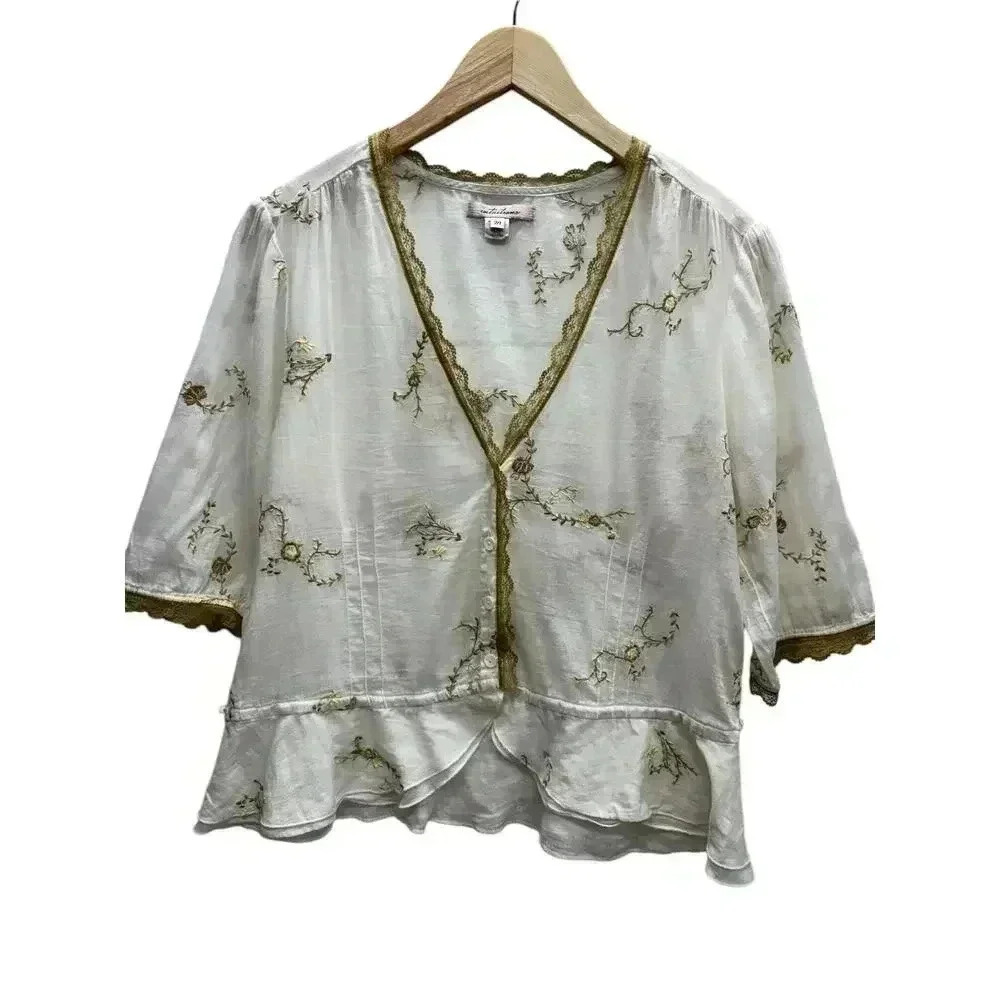 Feminine Light Cotton Deep V Short Sleeve Embroidered Button Closure Scalloped - Picture 8 of 15